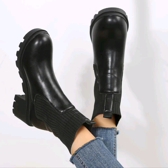 Black Chelsea Boots, Minimalist Slip-on Thick Bottom Sock Boots - Picture 2 of 6